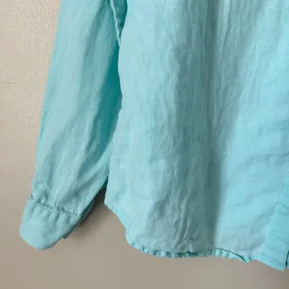 Talbots Irish Linen Button Front Shirt Preppy Workwear Blue Long Sleeve MEDIUM - Picture 3 of 9